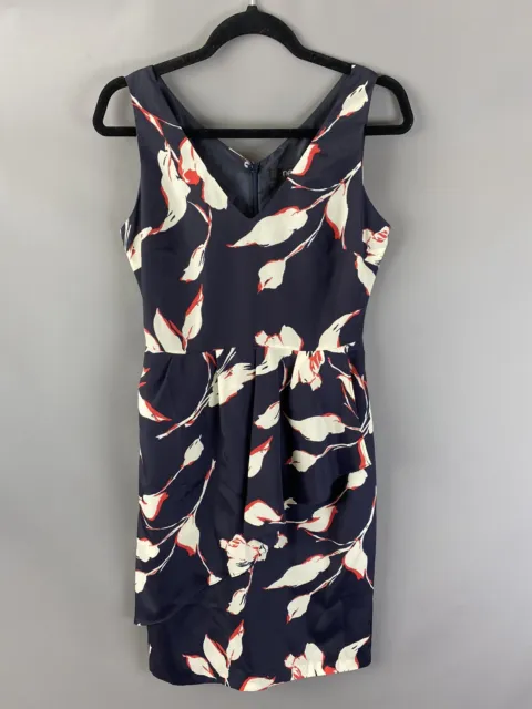 Next Size 8 Dress Sheath Navy Floral Low V Front Back Ruffle Work Office