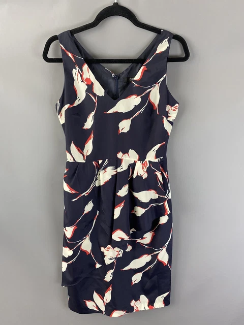 Next Size 8 Dress Sheath Navy Floral Low V Front Back Ruffle Work Office Next Size 8 Dress Sheath Navy Floral Low V Front Back Ruffle Work Office