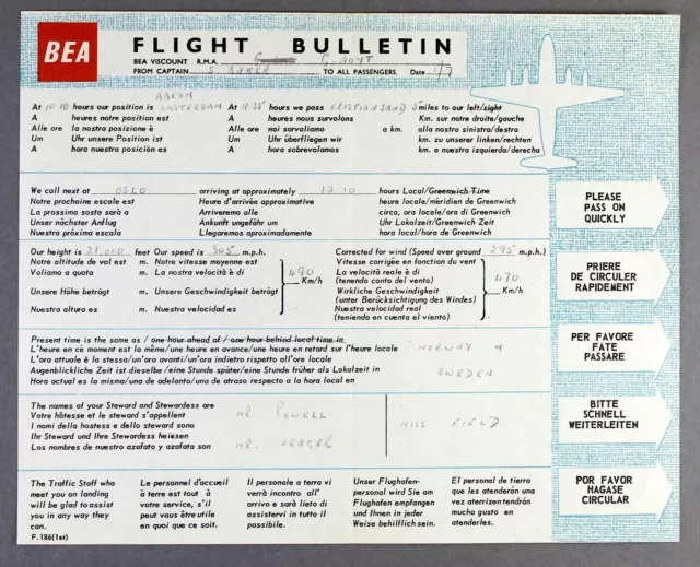 Bea British European Airways Airline Flight Bulletin Vickers Viscount G-Aoyt