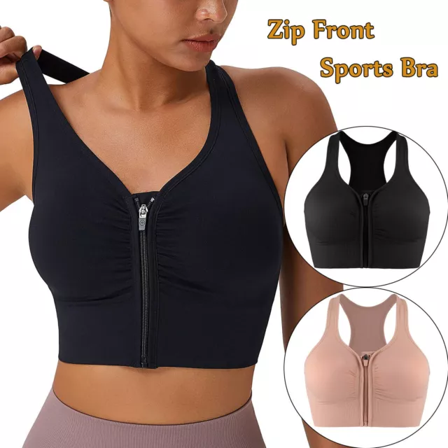 Women Zip Front Sports Bra Wireless Post Surgery Bra Active Yoga Gym Sport  Bras