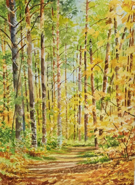 Aquarellbild Original 40x30 cm, Landschaft, der Wald In Herbst