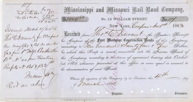 Mississippi and Missouri Rail Road Co. Issued to Thos C. Durant - Autograph Rail