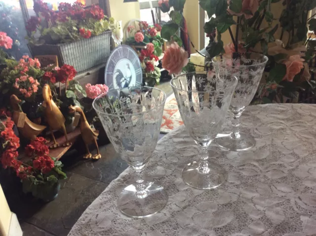 Set Of 3 Fostoria-Chintz-Glass Clear Etched Crystal  Water Wine Stem Goblets