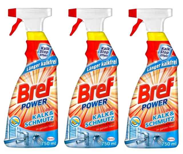 3x 750ml Bref Power gegen Kalk & Schmutz 100% aktiv Bad Dusche WC Spüle Chrom