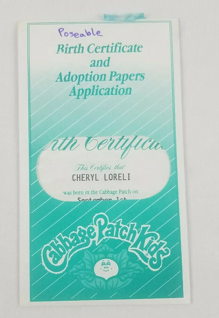 CABBAGE PATCH KIDS Birth Certificate Adoption Papers Sealed Cheryl
