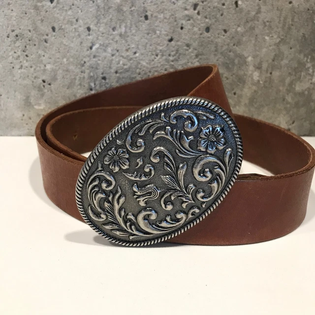 Vintage Amanda Smith Leather Belt Western Oval Silver Tone Floral Filigree Belt