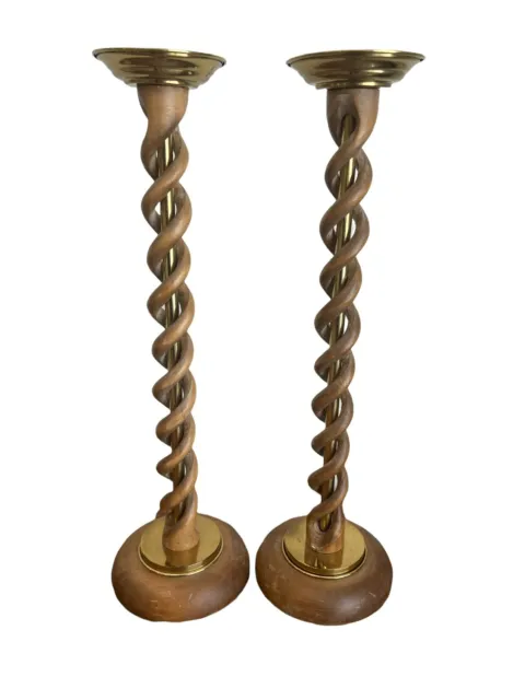 Vintage Open Barley Twist Wooden Italian Candlesticks  Pair