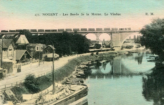 NOGENT SUR MARNE Les bords de la Marne Le Viaduc Train et péniche