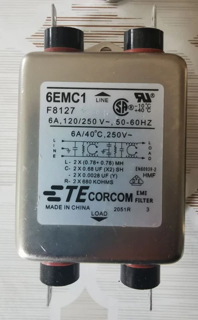 EMI line filter 250 VAC TE Connectivity 6EMC1 / #D A07E 2637
