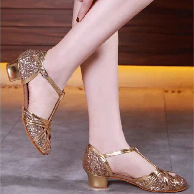 Kids Girls Indoor Dance Shoes Glitter High Heel Faux Suede Sole Dancing Sandal