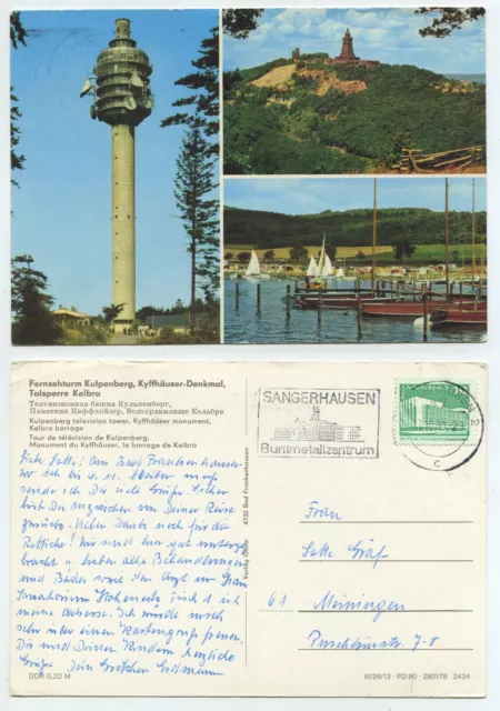 56774 - Fernsehturm Kulpenberg, Kyffhäuser-Denkmal - AK, gelaufen 23.10.1980