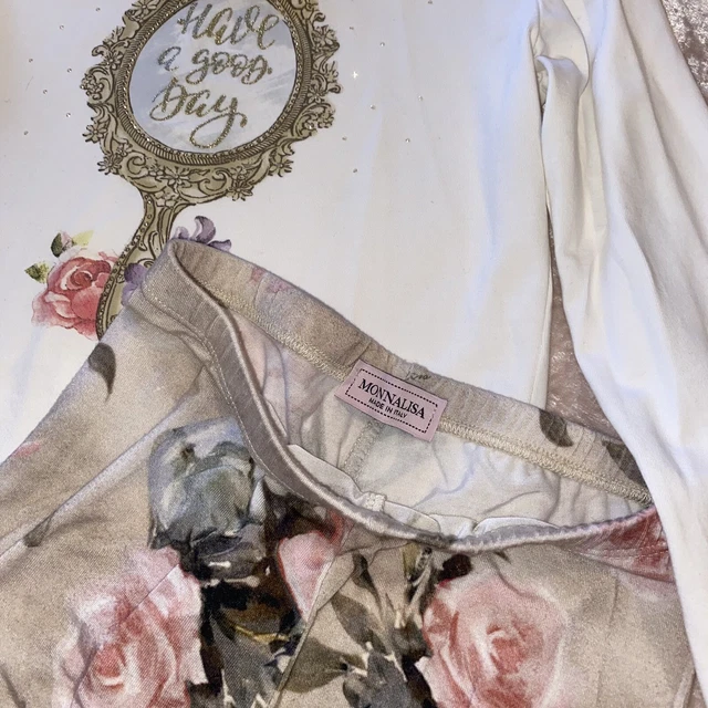 Monnalisa & Mayoral Girls White T-shirt Leggings Outfit Set Rose Mirror Age 6 2