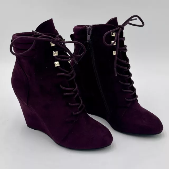 REBEL BY ZIGI Womens Burgundy Lace Up Studded Kerlynn Wedge Zip-Up Booties 6