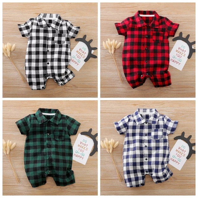 Baby Boy One-piece Plaid Print Short Romper Jumpsut Crotch Bodysuit Casual wear