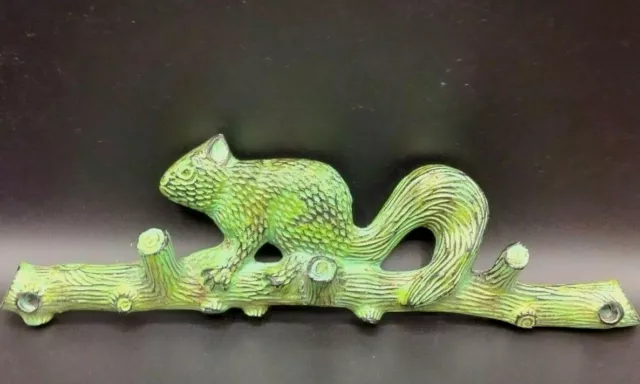 Cast Iron Squirrel On Tree Branch Three Hook Green Wall Rack Keys Dog Leashes