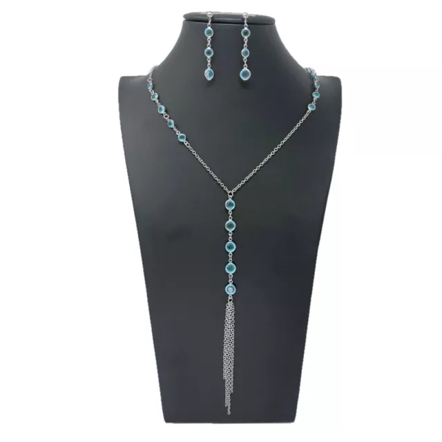 Pendientes Collar Largo Cristales Set Mujer Elegante Brillante Plata Azul