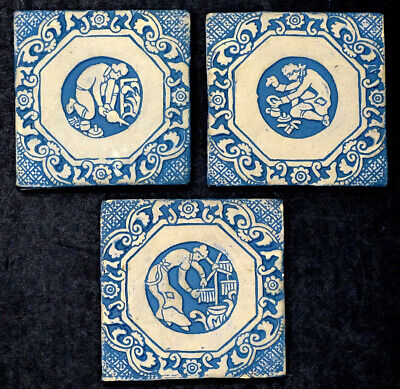 3 STUNNING! Vintage MORAVIAN / HENRY MERCER Blue White ARTS CRAFTS Pottery Tile