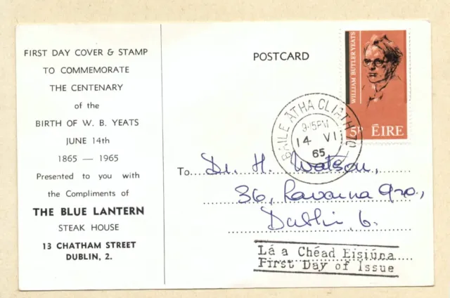 Ireland 1965 BLUE LANTERN STEAK HOUSE Dublin First Day Postcard W B YEATS