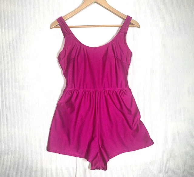 Vtg 70s 80s Swim Suit NOS Magenta Pink Low Leg Bow Belt Retro Pinup Style L XL