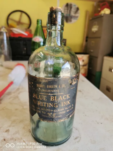 Vintage BLUE Black writing fluid cork top large bottle Scarce