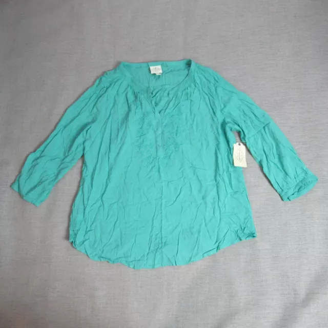 St Johns Bay Top Womens Size XL Teal Embroidered Boho Chic Peasant Popover Shirt