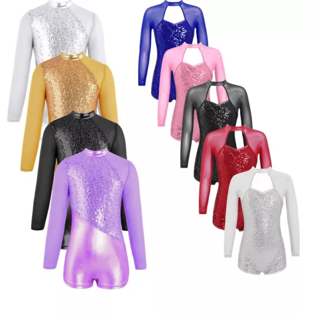 Girls Kids Sparkling Gymnastics Leotards Dance Shorts Biketard Unitard Jumpsuit