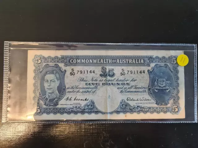 1952 Australian Five Pound Banknote Signed By Coombs/Wilson