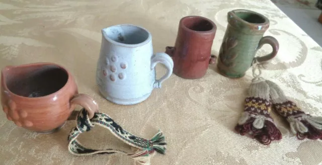 Vtg Lot 6 Latvian Artisan Handmade Pottery Mini Doll House Pitchers Jugs Mitten