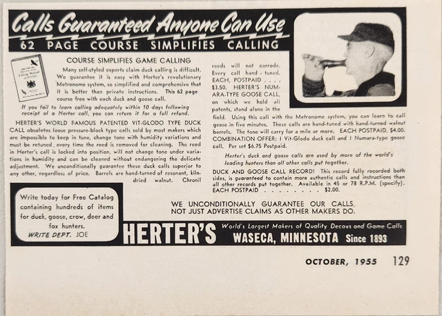 1955 Print Ad Herter's Course Simplifies Game Calling for Hunting Waseca,MN