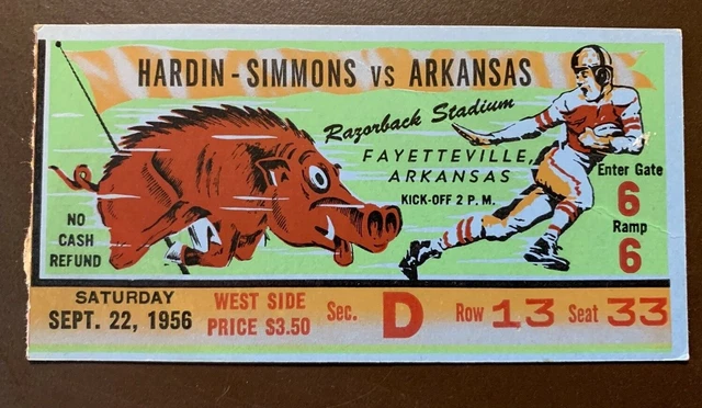 Arkansas Razorback 9/22/1956 college football ORIGINAL ticket vs Hardin-Simmons