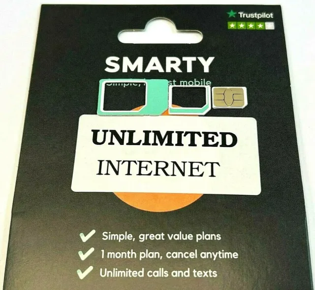 Smarty UK Unlimited Calls Texts NEW Mobile Simcard 3 in 1 cut Mobile Sim Card