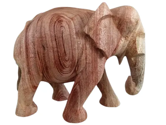 Wood Elephant Lucky Statue Hand Carved Wooden Figurine Trunk Down Sculpture 8"