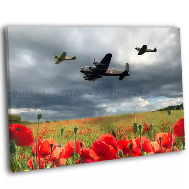 Lancaster Bomber Spitfire & Hurricane Over Poppy Field Canvas Art Print .2