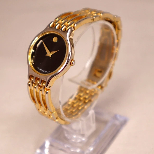 Movado Esperanza 26mm Quartz Gold Tone 7" Black Dial Watch 1041103 New Battery