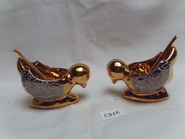 sel poivre 2 oiseaux blanc et or en porcelaine de Limoges avec cuillers (CD66)