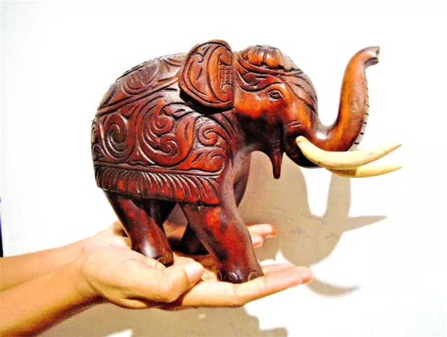 Handmade Large Elephant Wooden Carved Lucky Statue Home Craft Ornament Decor