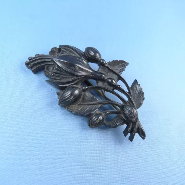 Victorian Vulcanite Floral Brooch / Antique Gutta Percha Mourning Pin