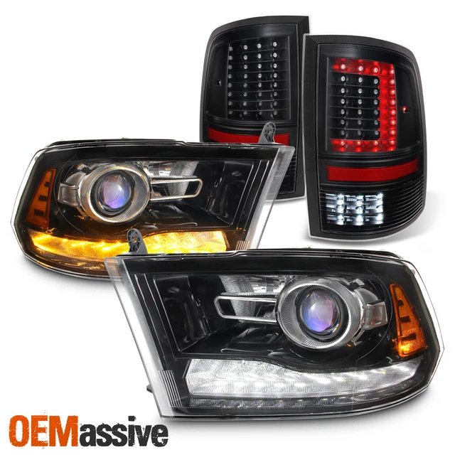 Fit 09-18 Dodge Ram Black LED DRL Projector Headlight + LED Black Taillights Set