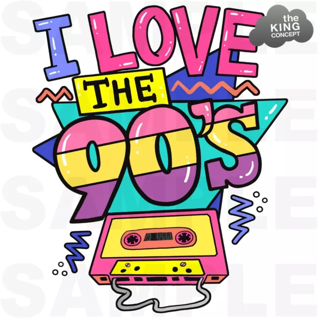 I Love The 90's Rétro Fer Sur T-Shirt Transfert Fête Coeur 1990s 90s Nineties