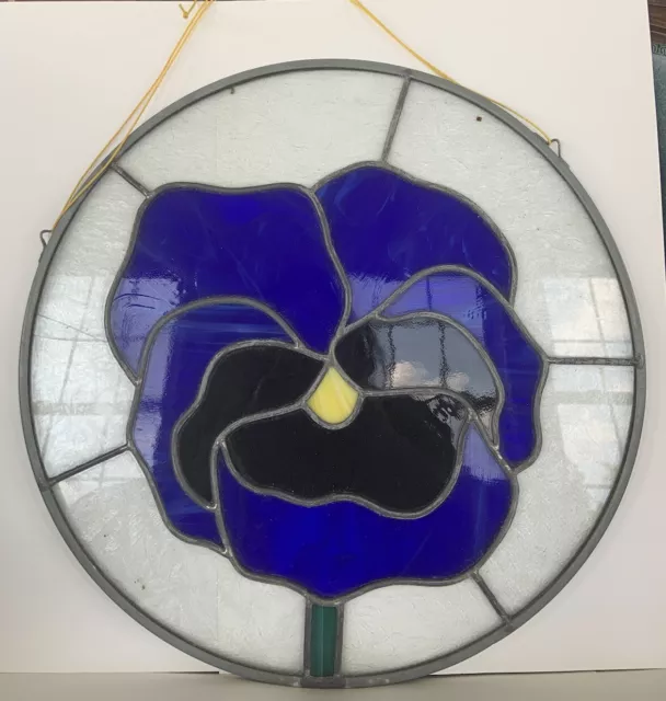 Tiffany Style 🔵Stained Glass 16” Round 🔵BLUE Flower Window Hanging Panel