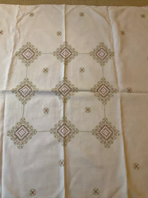 Vintage Antique Quality Hand Embroidered Linen Tablecloth 40” Square Tea Party