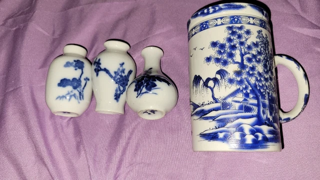 Chinese Tea Steeper Porcelain Cup Plus 3 Tiny Vases