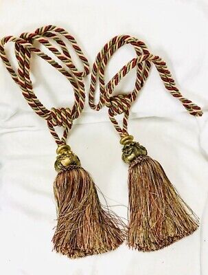 2 Tri-Color Twisted Satin Rope Curtain Tie-Backs w Ornate Tassels Victorian 24"