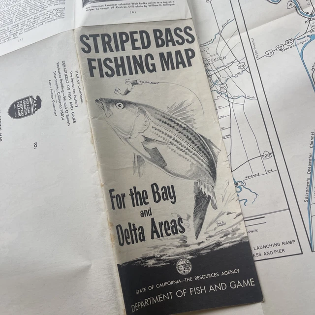 1975 STRIPED BASS Fishing Map Vtg Bay & Delta Areas California Dept