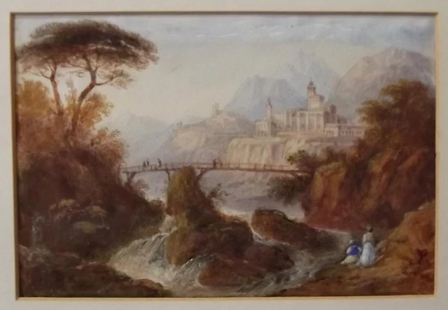 INDISTINCTLY SIGNED Grand Tour Watercolour DISTANT TOWN Italy ? Greece ?