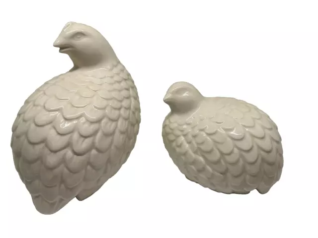 Vintage Pair of Ceramic White Quail Bird Figurines Handmade Signed Mid Century