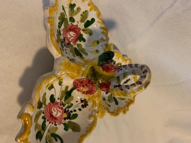 Vintage Italian Majolica Pottery Swan Floral Condiment Tray Dish W/ Handle Italy