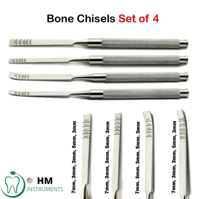 Set of 4 Dental Chisels Straight-Curved Surgical Ridge Splitting Bone Extraction