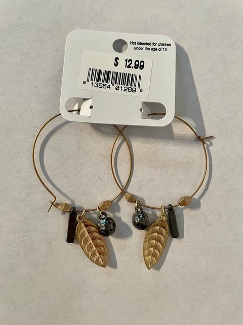 Charming Charlie Gold Hoop Feather Charm Earrings 2