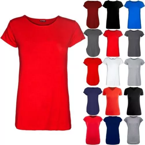 Donna Cappello Manica Tinta Unita Girocollo T-Shirt Basic Jersey Taglie 8-22